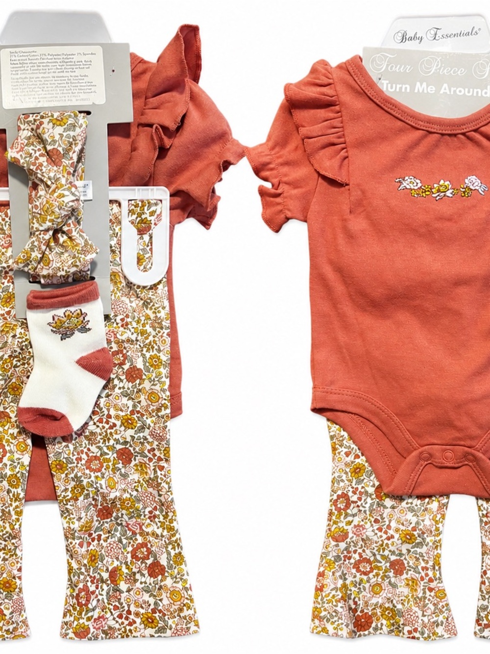 Baby Essentials Rust Floral 4-Piece Outfit with Cream Floral Accents